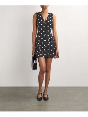 DOEN Aubrey Dress Black White Polka Dot V-Neck Sleeveless Mini button-down